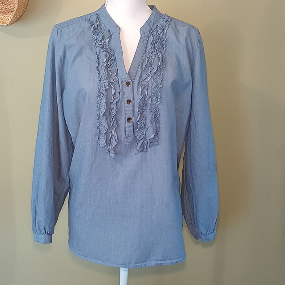 CJ banks Cotton Lightweight Long Sleeve Top Ruffles Preppy Chambray Blue Size 1X